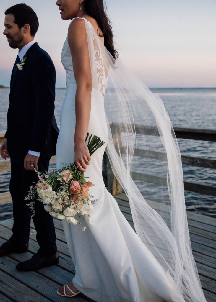 Outer Banks, NC, Beach wedding bride and groom sunset portraits