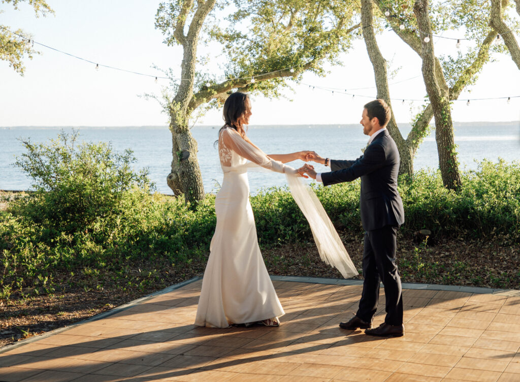 Outer Banks beach wedding first dance, dance floor ideas for beach wedding receptions